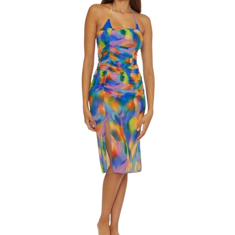 Becca Women’s Paper Mache Side Ruched Skirt Swimsuit Cover Up Multi Size L